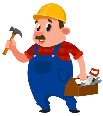  İnşaatçı aletleri tutuyor. Çizgi film tarzında erkek karakter.