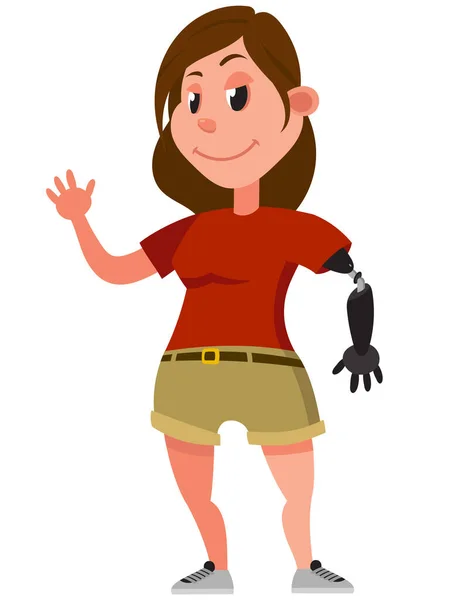 Mujer Con Brazo Protésico Personaje Femenino Estilo Dibujos Animados — Vector de stock