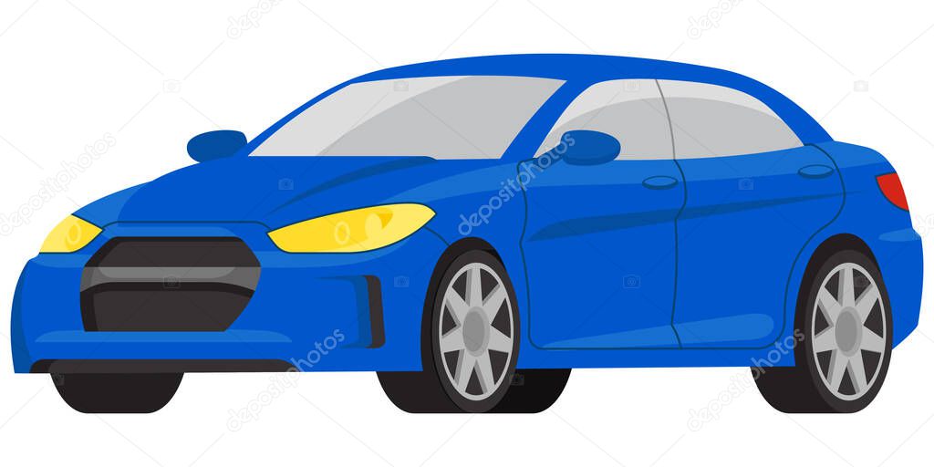  Sedan car three quarter view. Blue automobile in cartoon style.