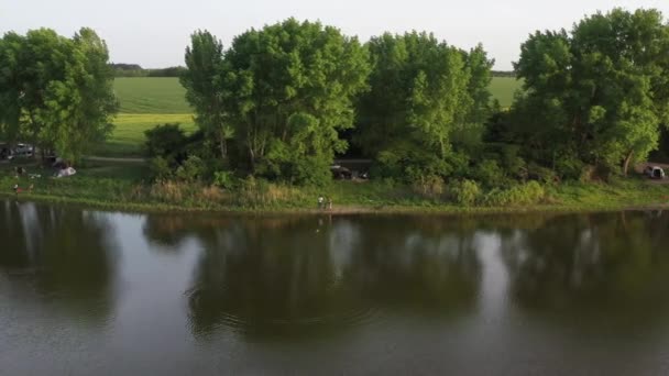 Shooting Drone Top View Two Fishermen Bank Pond Preparing Fishing — Stock Video