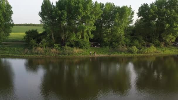 Shooting Drone Top View Two Fishermen Bank Pond Preparing Fishing — Stock Video