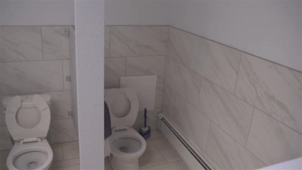 Toiletkamer Minimalistisch Interieur Met Betegelde Wand Vloer Klassiek Wit Keramisch — Stockvideo