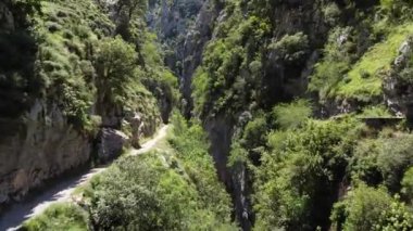 İspanya Dağları 'nın kuzeyindeki Asturias Ulusal Parkı' nda Nehir İnsansız Hava Aracı manzaralı Etkileyici Kanyon