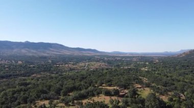Madrid, İspanya 'da yeşil bitki örtüsü ve dağları olan tepelerdeki büyük yeşil sık ormanın insansız hava aracı görüntüsü. Gündüz vakti mavi gökyüzü. Ağaçlar. Sinematik Yavaş Çekim