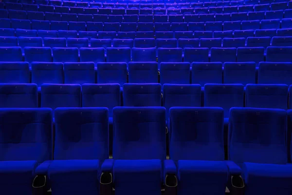 Absolut leere blaue Stühle im Kino mit niemandem — Stockfoto