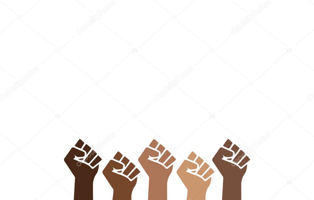 Black Lives Matter proud fists, black history pride, copy space white background, prejudice discrimination activism banner illustration, african american, people of color, power, graphic design.