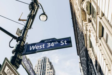 New York sokakları. Manhattan 'ın merkezi. Empire State Binası. New York caddesi tabela yönü. Kavşakta yaya istikameti işareti var. New York 'un yüksek binaları. 