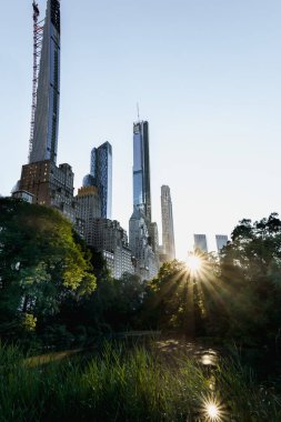 New York City, New York / USA - 30 Ekim 2020: Central Park, yeşillik. Yeşil ve ağaçlar, New York Central Park 'taki eski mimari. Manhattan Central Park 'ta güzel doğa ve binalar.