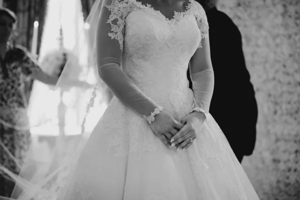 Крупним Планом Наречена Весільній Сукні Чорно Біле Фото Стокове Зображення