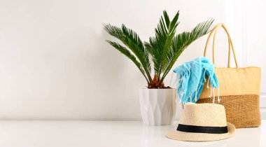 Bir alan için bir metin, beyaz iç saksı palmiye ve yaz aksesuarları ile yaz arka plan