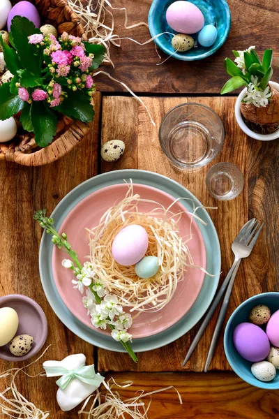 Easter Table Setting Holiday Table Home Decor Idea Flat Lay — Stock Photo, Image