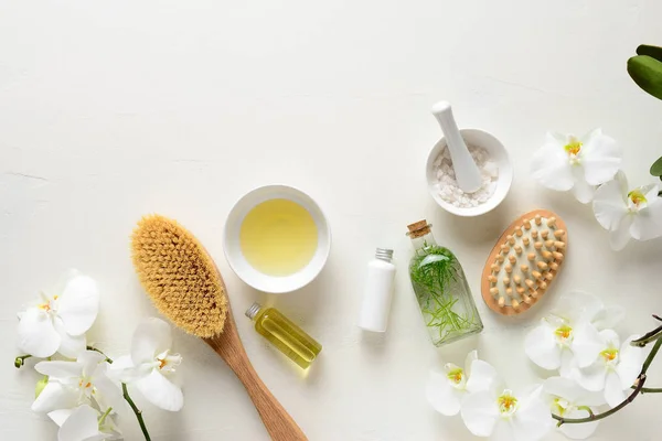 Fundo de spa com produtos para relaxantes e tratadores de cuidados com a pele — Fotografia de Stock