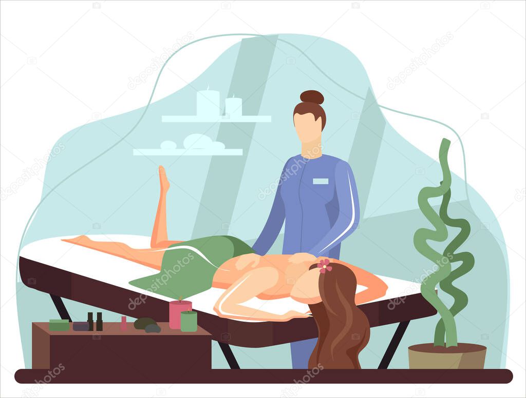 Beauty spa salon massage therapist women massaging men lying down relaxing on table. Luxury cabinet with towels, shelves, plants. Massage room decoration, furniture. Flat vector illustration. Relax