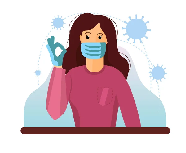 Yüzünde tıbbi maske var. Eldivenli eller. Salgın sırasında virüs ve bakterilere karşı koruma. Sokaktan önce koruyucu maske ve eldivenler. Enfeksiyon kapma. Coronavirus. Vektör düz resimleme.
