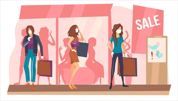 Alışveriş merkezine ya da markete git. Güvenli bir alışveriş. Momen maske ve eldiven giyer. Kendini koruma mesafesi. Çizgi film vektörü düz çizim. Satış, satış, Kara Cuma. Butik mücevherler.