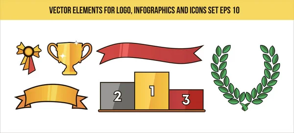 Şampiyon ligi için renkli logo unsurları, Esports logotype. Sanal spor şampiyonası logoları. Spor. Simgeler, bilgi grafikleri ve web şablonu için elementler. Kupa, kaide, Laurel çelengi, kurdele.