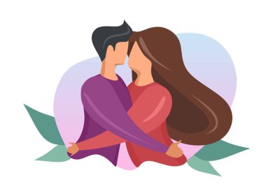 Lezbiyen çift. Birbirleriyle flört eden sevimli genç kadınların portresi. Homoseksüel romantik partnerler randevuda. Aşk, tutku ve homoseksüellik kavramı. Modern düz renkli vektör çizimi.