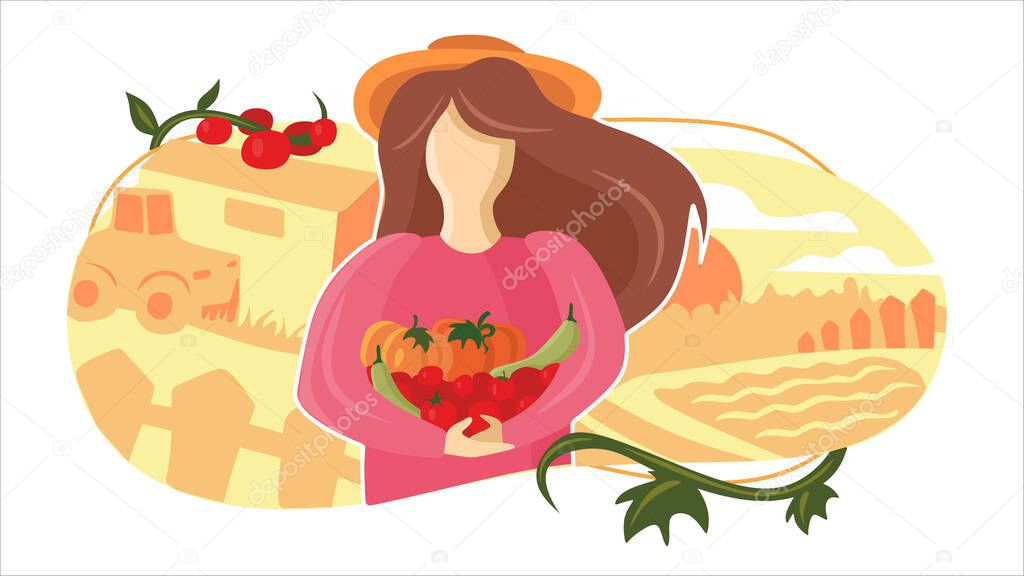 Farm life. Fall autmn. Time to harvest crops. A woman with a vegetables in farm. Harvest. Woman counts the harvest. Ripe vegetables. Selling eco-friendly vegetables. The growing system without soil.