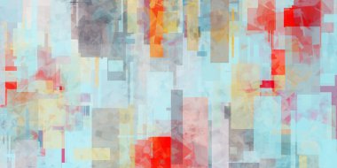 Dijital turkuaz ve kırmızı sanat arkaplan çizimi, çağdaş resim. Geometrik tarzda gerçeküstü sanat eserleri ve renkli aksanlar