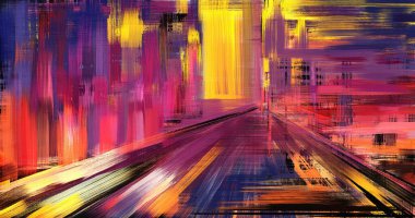 İzlenimcilik tarzında soyut el çizimi. Tuval üzerinde gerçeküstü bir manzara. Sonsuzluğa giden sihirli yol pürüzlü fırça darbeleriyle yapılmış modern illüstrasyon