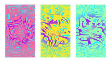 Vektör saykodelik arkaplan seti. Sıvı ve akış renkli şablonlar, posterler ve kapak tasarımları. Tablo üzerindeki parlak boya, hikaye için tam HD boyut, geniş sunum