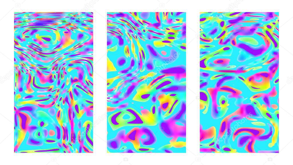 Iridescent psychedelic pattern background set. Versicolored templates, posters and cover designs. Vivid paint on canvas, full hd size for story, wide presentation