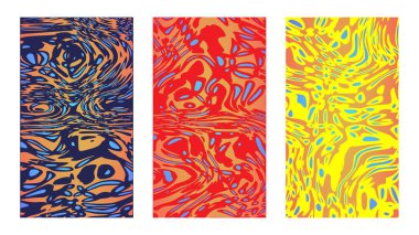 Karşıt renkler, yanılsama, kıvrım. Soyut vektör sanat sıvısı kalıpları, tuval üzerinde mavi, kırmızı, sarı yaz arkaplanı