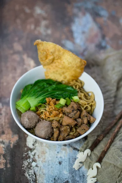 Mie Ayam Pangsit Fideos Pollo Cocina Indonesia — Foto de Stock