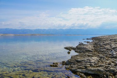 Güneşli bir günde deniz kenarında kayalık bir sahil. Yaz manzarası. Gün ışığında kıyıya çıkmak. Sahildeki taşlar. Doğa.