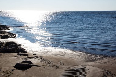 Finlandiya Körfezi 'nin kumlu sahillerinde su güneş ışığı, su ve kumdaki taşlar ile doludur.