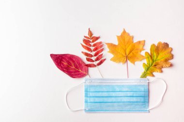 Koruyucu maske, beyaz arka plandaki sonbahar yapraklarında yatar. Sonbaharda ikinci koronavirüs dalgasının sembolü.