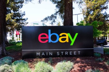San Jose, California, USA - May 21, 2018: eBay's headquarters campus, Welcome center named Main Street. eBay Inc is a global e-commerce leader with  Marketplace, StubHub and Classifieds platforms clipart