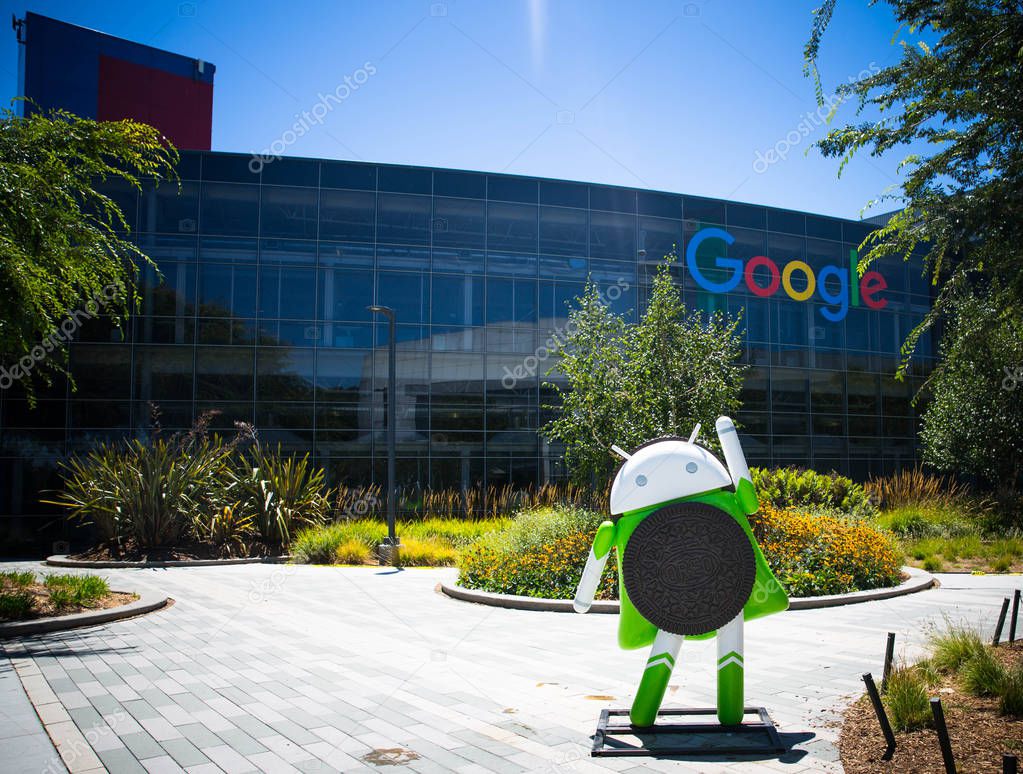 Mountain View, CA/USA - May 21, 2018: Exterior view of a Googleplex building, the corporate headquarters complex of Google and its parent company Alphabet Inc.
