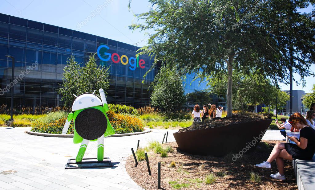 Mountain View, CA/USA - May 21, 2018: Exterior view of a Googleplex building, the corporate headquarters complex of Google and its parent company Alphabet Inc.