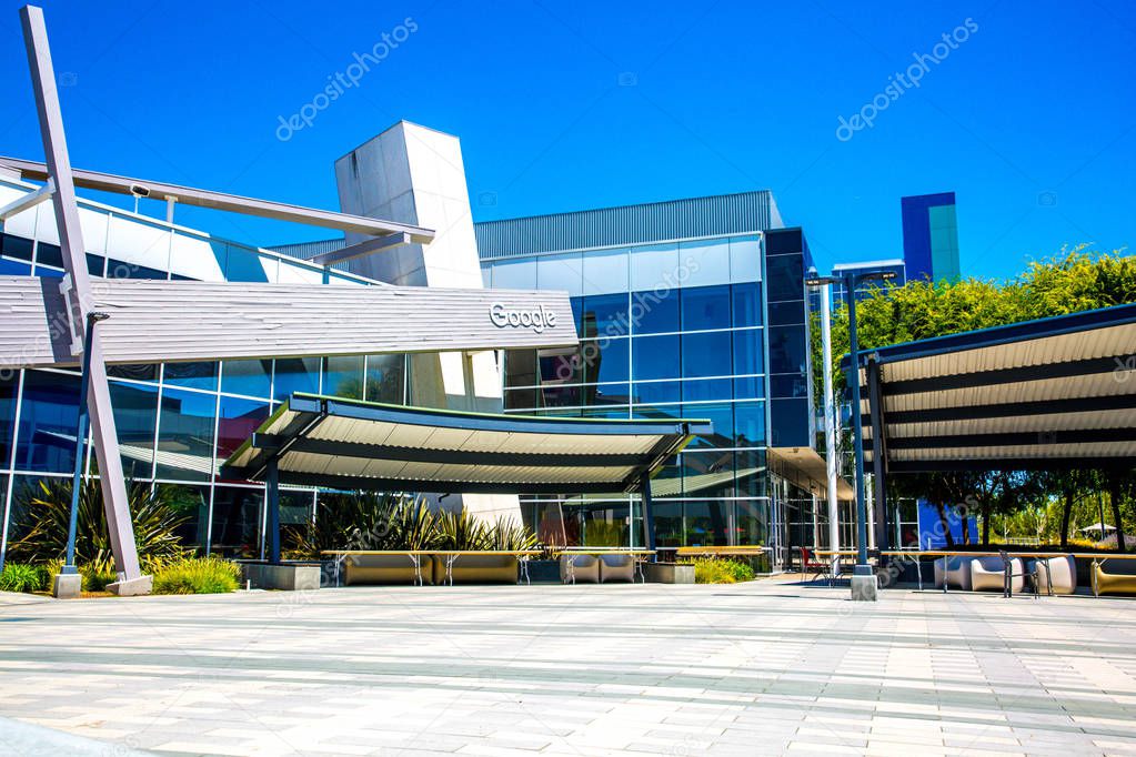 Mountain View, CA/USA - May 21, 2018: Exterior view of a Googleplex building, the corporate headquarters complex of Google and its parent company Alphabet Inc.