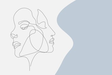 Devamlı çizgiler, set yüzleri ve saç stili, moda konsepti, kadın güzellik minimalisti, illüstrasyon oldukça seksi. Tişört için slogan tasarım grafikleri biçimi
