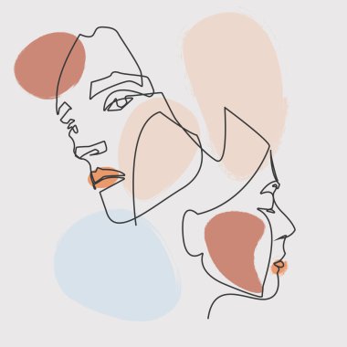 Devamlı çizgiler, set yüzleri ve saç stili, moda konsepti, kadın güzellik minimalisti, illüstrasyon oldukça seksi. boho