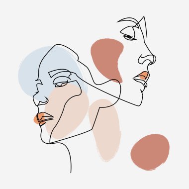 Devamlı çizgiler, set yüzleri ve saç stili, moda konsepti, kadın güzellik minimalisti, illüstrasyon oldukça seksi. boho