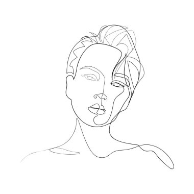 Devamlı çizgiler, set yüzleri ve saç stili, moda konsepti, kadın güzellik minimalisti, illüstrasyon oldukça seksi. Tişört için slogan tasarım grafikleri biçimi