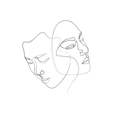 Devamlı çizgi, set yüzleri ve saç stili çizimi, moda konsepti, kadın güzellik minimalisti, illüstrasyon oldukça seksi. Yapraklar.