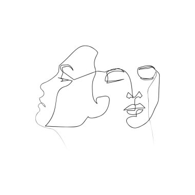 Devamlı çizgi, set yüzleri ve saç stili çizimi, moda konsepti, kadın güzellik minimalisti, illüstrasyon oldukça seksi. Yapraklar.