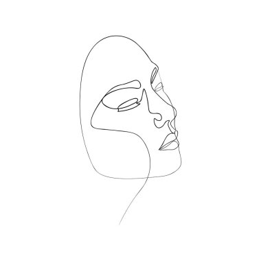Devamlı çizgi, set yüzleri ve saç stili çizimi, moda konsepti, kadın güzellik minimalisti, illüstrasyon oldukça seksi. Yapraklar.