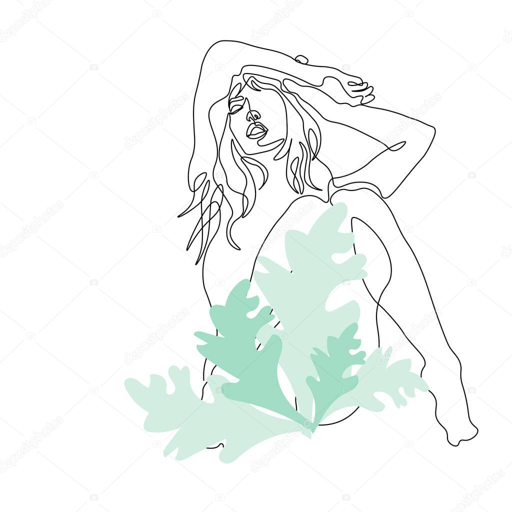 Continuous line, drawing of set faces and hairstyle, fashion concept, woman beauty minimalist, illustration pretty sexy.leaves