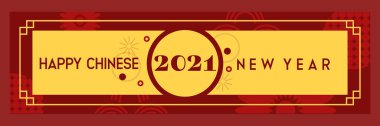 2021 'de Çin' de ineğin yeni yılı, kırmızı ve altın çizgili sanat karakteri, arka planda zanaat stili olan basit Asya unsurları. (Çince çeviri: Mutlu Çin Yeni Yılı 2021, inek yılı)