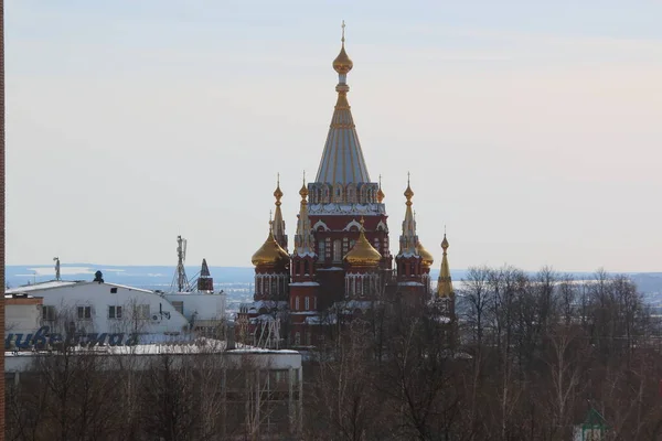 view of the church with golden domes
