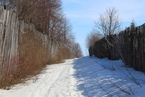 Sendero Nieve Entre Vallas Invierno — Foto de Stock