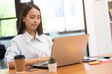 İş kadını Asyalı kadın laptopta çalışırken çok mutlu..