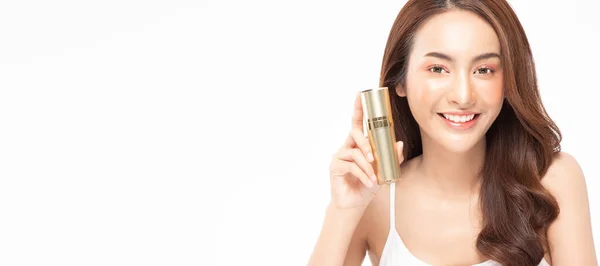 Bellezza Donna Asiatica Tenere Bottiglia Crema Cosmetica Lozione Allegro — Foto Stock