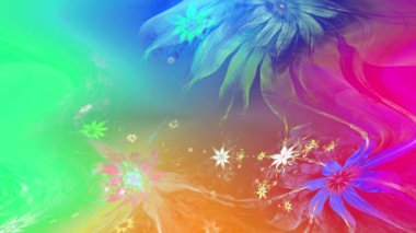 Gökkuşağı rengi soyut fraktal zemin değiştiriyor. Karmaşık birbirine bağlı psikedelik uzay çiçekleri ortada büyük bir çiçek, yavaşça hareket ediyor ve dalgalanıyor.