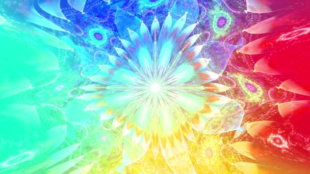 虹色変化抽象的なフラクタルの背景で複雑な相互接続されたサイケデリックな空間の花で真ん中に大きな花 すべてがゆっくりと移動し 波打つ — ストック動画